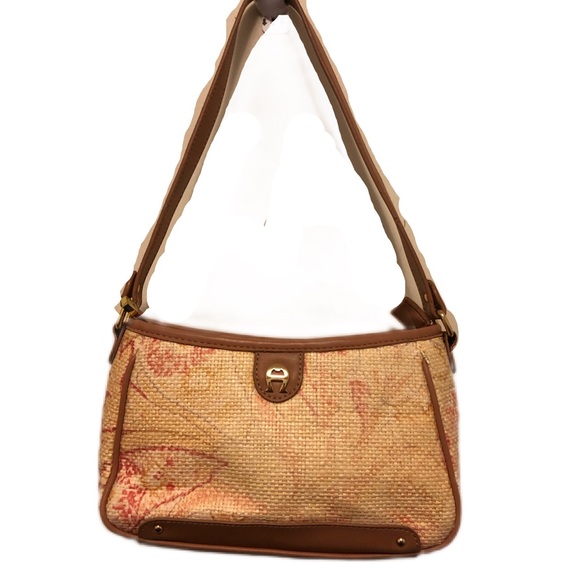 Etienne Aigner Floral Paper Straw Handbag Cream Coral 5.5” Tall 9” Wide - Picture 1 of 7